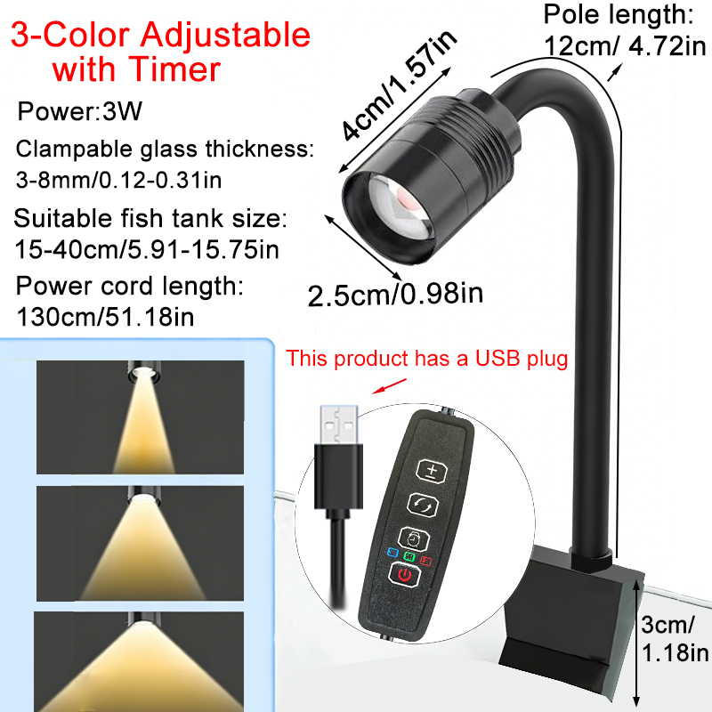 Aquarium Marine Lights - USB 3W Zuid-Amerikaanse Aquariumspotlight 3-kleurig dimbaar